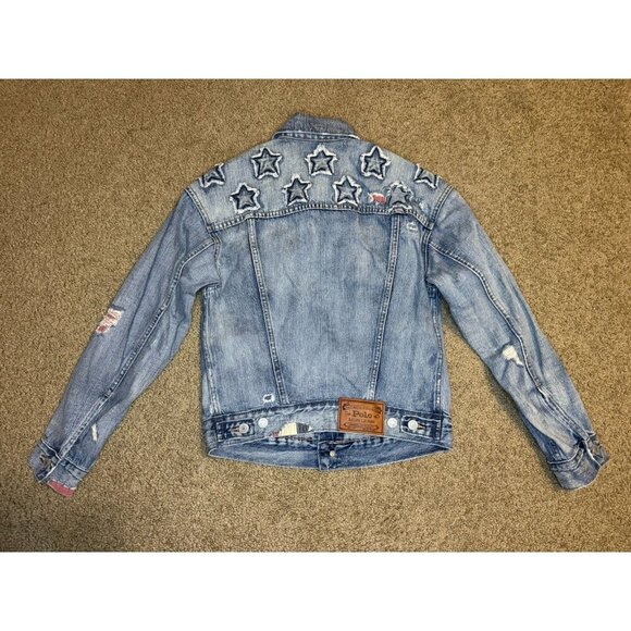 POLO RALPH LAUREN Denim Jacket Stars Patches Distressed Destroyed Equestrian XS - Picture 2 of 15